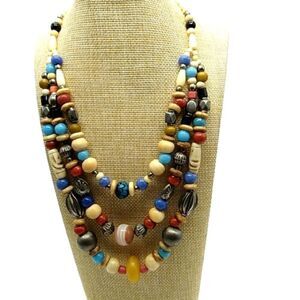 Statement Necklace 3 Strand  Nickle-free Metal, Resin, Glass and Wood beads 18"